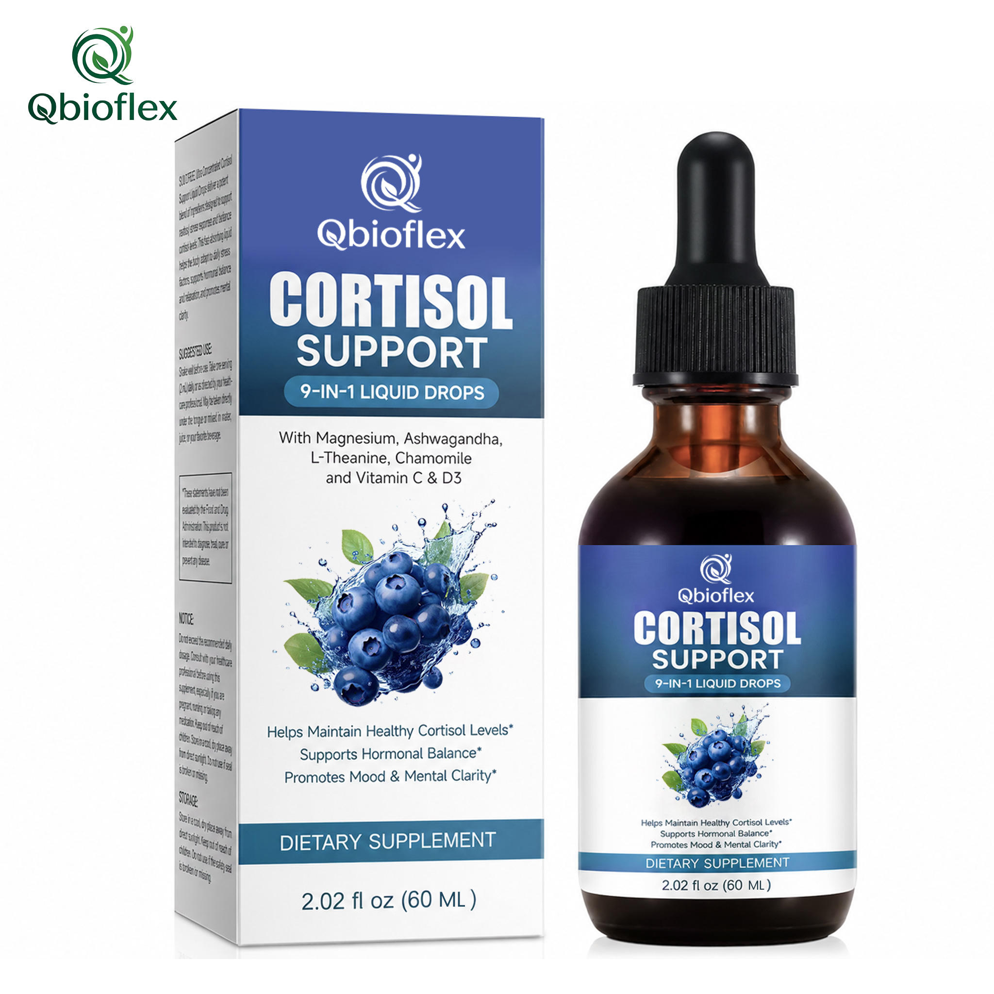 Cortisol support liquid drops carton and bottle
